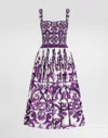 Dolce & Gabbana Women Cotton Midi Dress With Maiolica Print In Purple