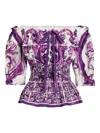 Dolce & Gabbana Smocked Waist Off-the-shoulder Top With Puff Sleeves In Multi