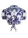 Dolce & Gabbana Majolica-print Puff-sleeve Top In Blue