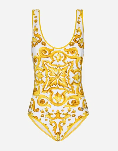 Dolce & Gabbana Majolica One-piece Swuimsuit In Yellow