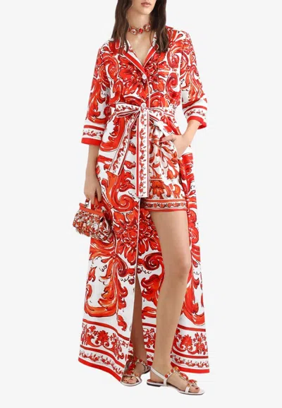 Dolce & Gabbana Majolica Print Robe-style Silk Coat In Red