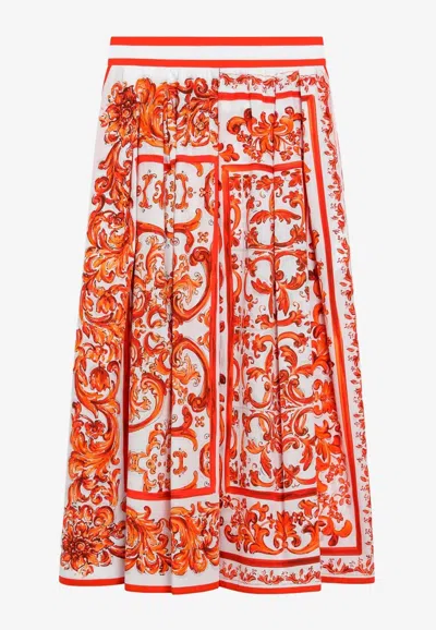 Dolce & Gabbana Majolica Print Satin Maxi Skirt In Orange