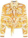 Dolce & Gabbana Maiolica Brocade Print Cropped Button-front Shirt In Yellow