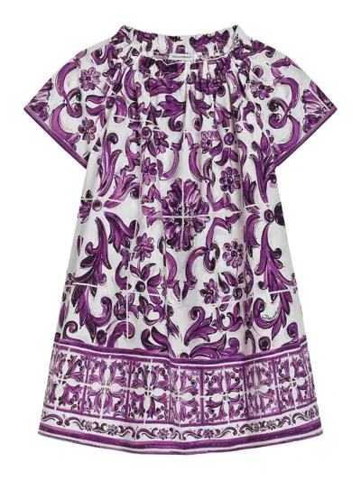 Dolce & Gabbana Kids' Majolica-print Short-sleeved Poplin Dress In Multi