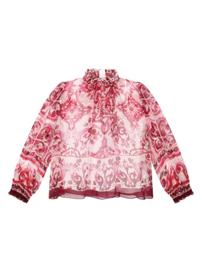 Dolce & Gabbana Kids' Majolica Print Silk Blouse In Red