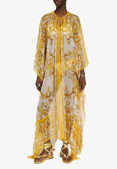 Dolce & Gabbana Majolica Print Silk Chiffon Maxi Dress In Yellow