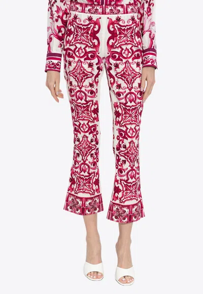 Dolce & Gabbana Majolica Print Silk Cropped Pants In Pink
