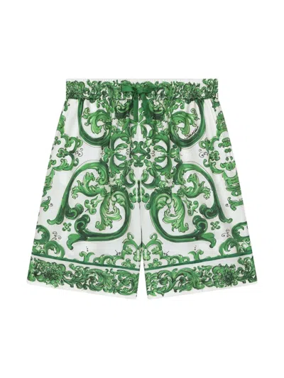 DOLCE & GABBANA MAJOLICA-PRINT SILK DRAWSTRING SHORTS