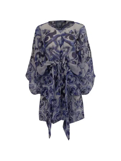 Pre-owned Dolce & Gabbana Majolica-print Silk Dress In Blue