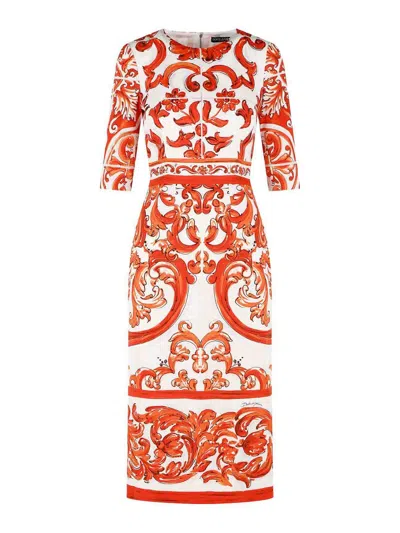 Dolce & Gabbana Majolica Print Silk  Dress In Orange