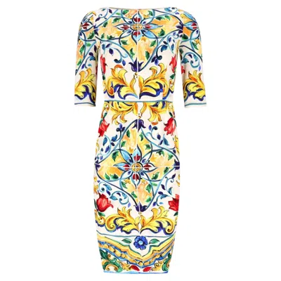 Pre-owned Dolce & Gabbana Majolica Print Silk Dress In Sand