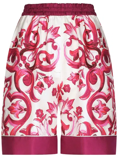 Dolce & Gabbana Majolica Print Silk High Waist Shorts In Fuchsia