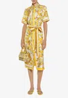 Dolce & Gabbana Belted Silk Twill Midi Dress With Majolica Print In Yellow