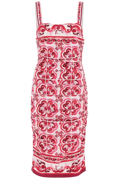 Dolce & Gabbana Majolica-print Square-neck Ruched Sleeveless Dress In Pink
