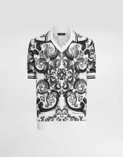 Dolce & Gabbana Majolica-print Silk Piqué Polo Shirt In Gray