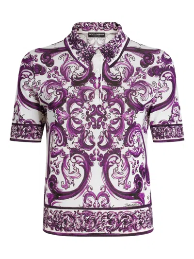 Dolce & Gabbana Majolica-print Silk Polo Top In Purple