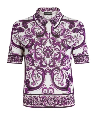 DOLCE & GABBANA MAJOLICA-PRINT SILK POLO TOP