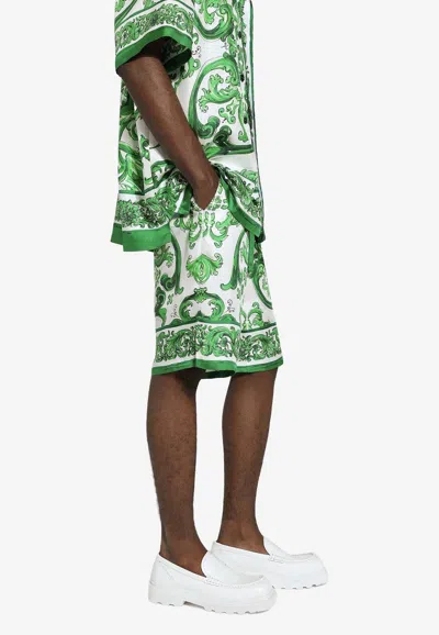 Dolce & Gabbana Majolica Print Silk Shorts In Green