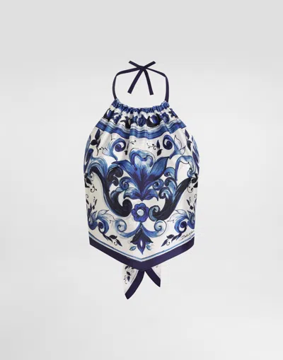 Dolce & Gabbana Majolica-print Silk Top In Blue