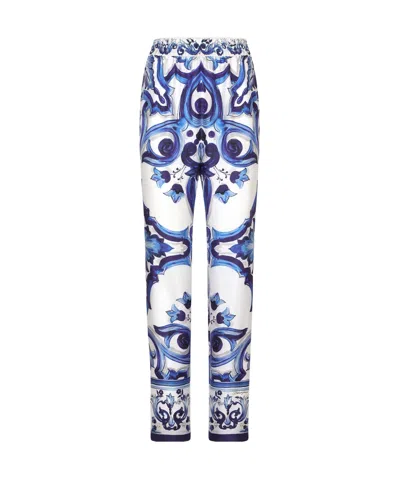 Dolce & Gabbana Majolica-print Silk Trousers In Blue