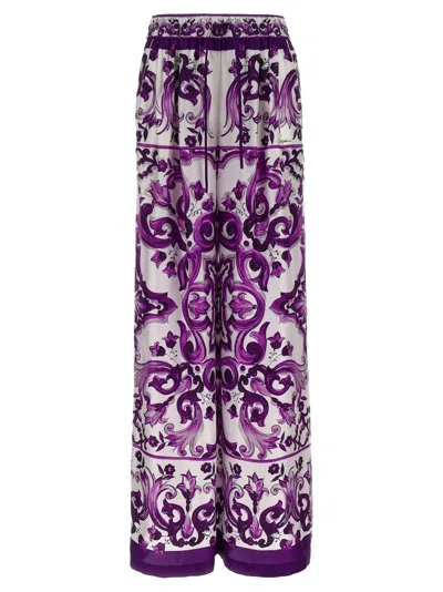 Dolce & Gabbana Majolica Print Silk Twill Pants In White