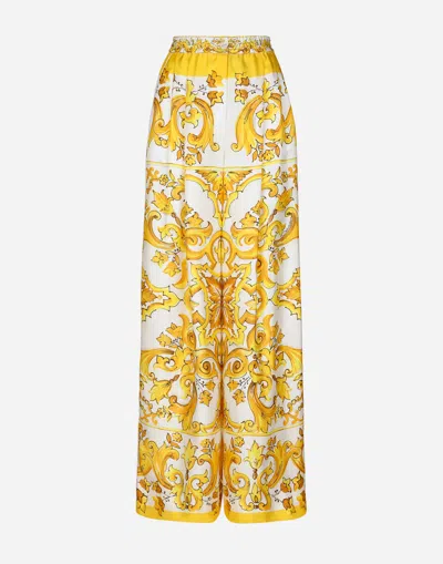Dolce & Gabbana Majolica-print Silk Twill Pants With Elasticated Waistband In Yellow