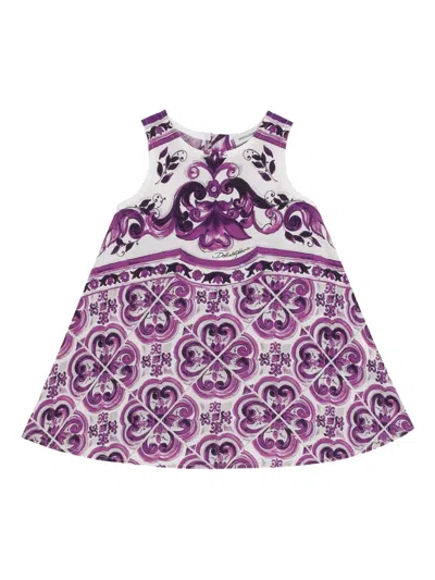 Dolce & Gabbana Babies' Majolica-print Sleeveless Poplin Dress In Purple