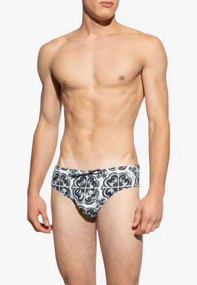 Dolce & Gabbana Majolica Print Swimming Briefs In Black