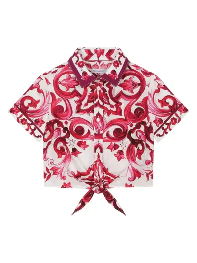 Dolce & Gabbana Kids' Majolica-print Tie-waist Shirt In White