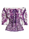 Dolce & Gabbana Smocked Waist Off-the-shoulder Top With Puff Sleeves In Purple