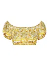 Dolce & Gabbana Yellow And White Crop Top With Majolica Print In Cotton Woman In Amarillo