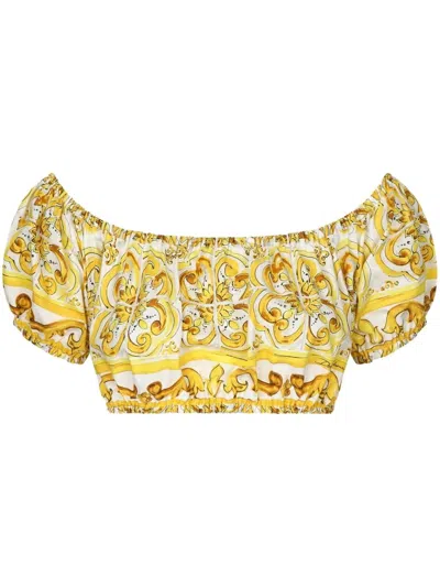 Dolce & Gabbana Majolica-print Cotton Crop Top In Yellow & Orange