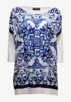 Dolce & Gabbana Silk Twill Crew-neck Pullover With Majolica Print In Blue