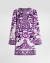 Dolce & Gabbana Majolica Silk Twill Long-sleeve Mini Shift Dress