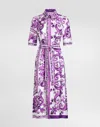 Dolce & Gabbana Collar Dress With Waist Knot And Majolica Print In Purple