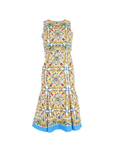 Pre-owned Dolce & Gabbana Majolica-printed Backless Midi Dress In Yellow
