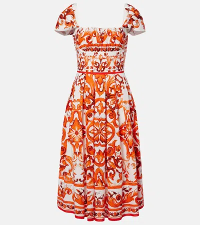 Dolce & Gabbana Majolica Printed Cotton Poplin Midi Dress In Orange