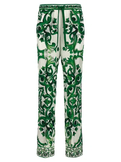 Dolce & Gabbana Silk Twill Jogging Pants With Majolica Print In Green