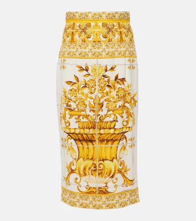 Dolce & Gabbana Majolica-print Silk Pencil Skirt In Yellow