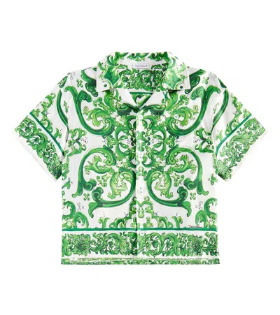 Dolce & Gabbana Kids' Majolica Silk Bowling Shirt In Green
