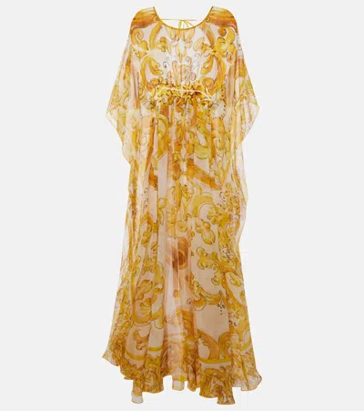 Dolce & Gabbana Majolica Print Silk Chiffon Maxi Dress In Yellow