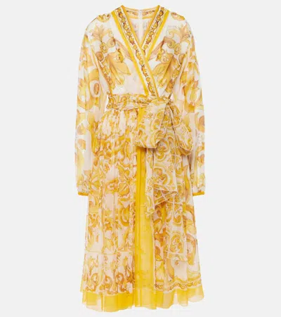 Dolce & Gabbana Majolica Silk Wrap Midi Dress In Yellow