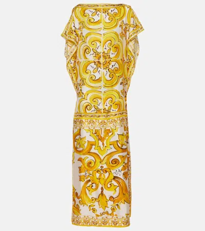 Dolce & Gabbana Majolica Silk Maxi Dress In Yellow