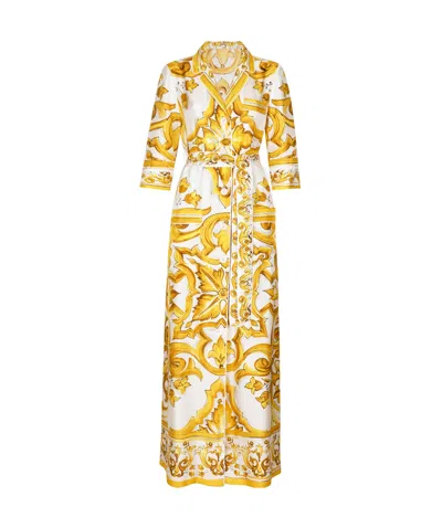 Dolce & Gabbana Majolica Print Maxi Shirt Dress In Silk In Yellow