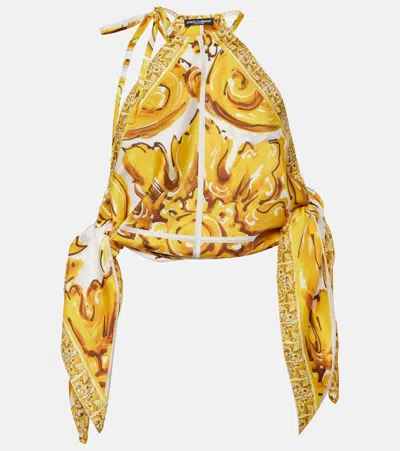 Dolce & Gabbana Majolica Silk Satin Top In Yellow