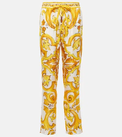 Dolce & Gabbana Majolica Silk Straight Pants In Yellow