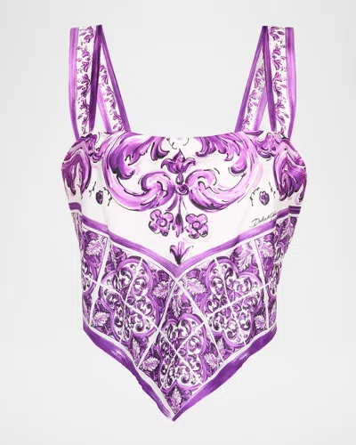 Dolce & Gabbana Majolica Silk Twill Crop Scarf Top In Purple