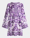 Dolce & Gabbana Majolica Silk Twill Long-sleeve Mini Shift Dress In Purple