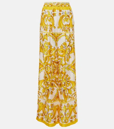 Dolce & Gabbana Majolica Silk Twill Palazzo Pants In Yellow