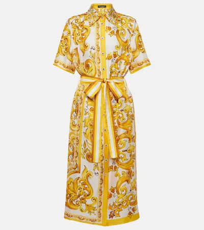 Dolce & Gabbana Majolica Silk Twill Shirt Dress In Yellow